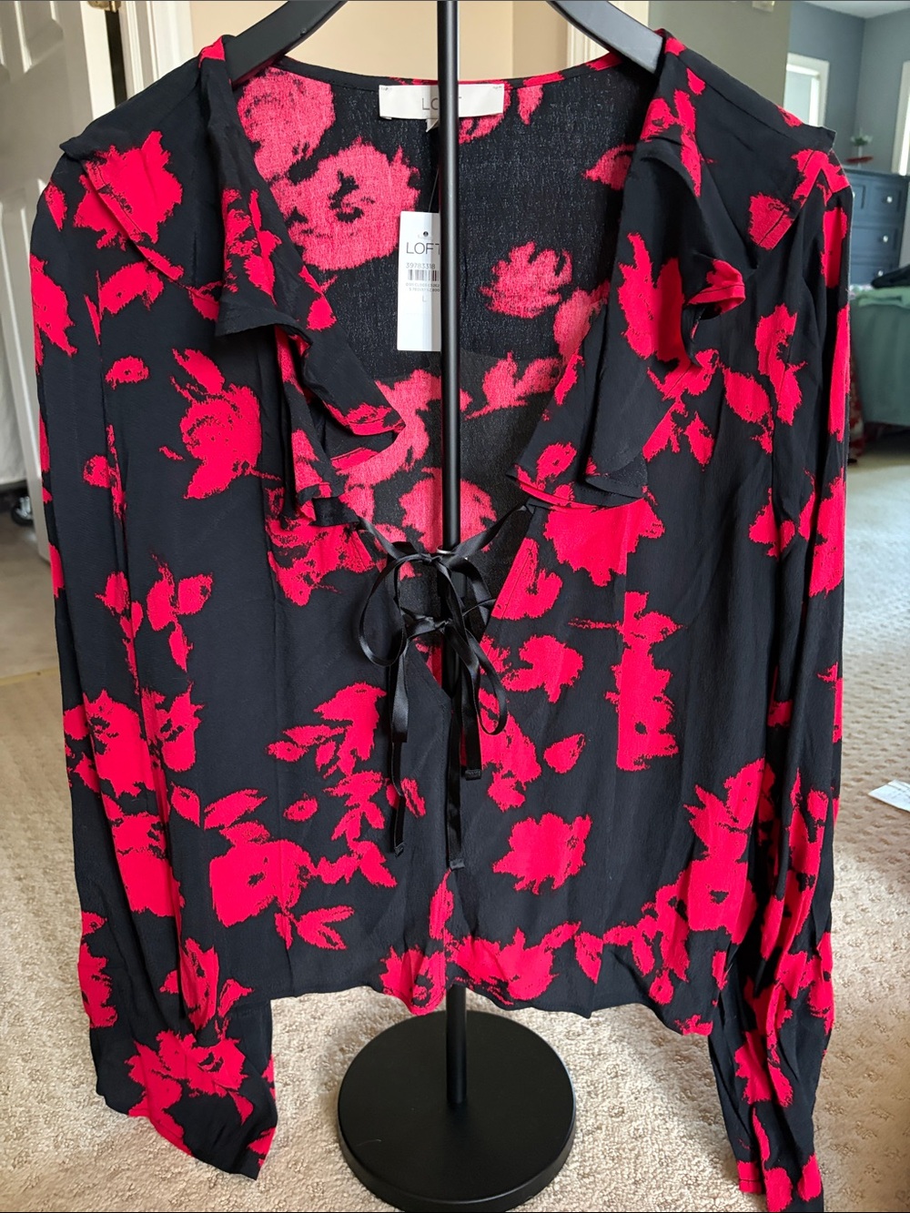 LOFT Black and Red Tie-Front Floral Blouse